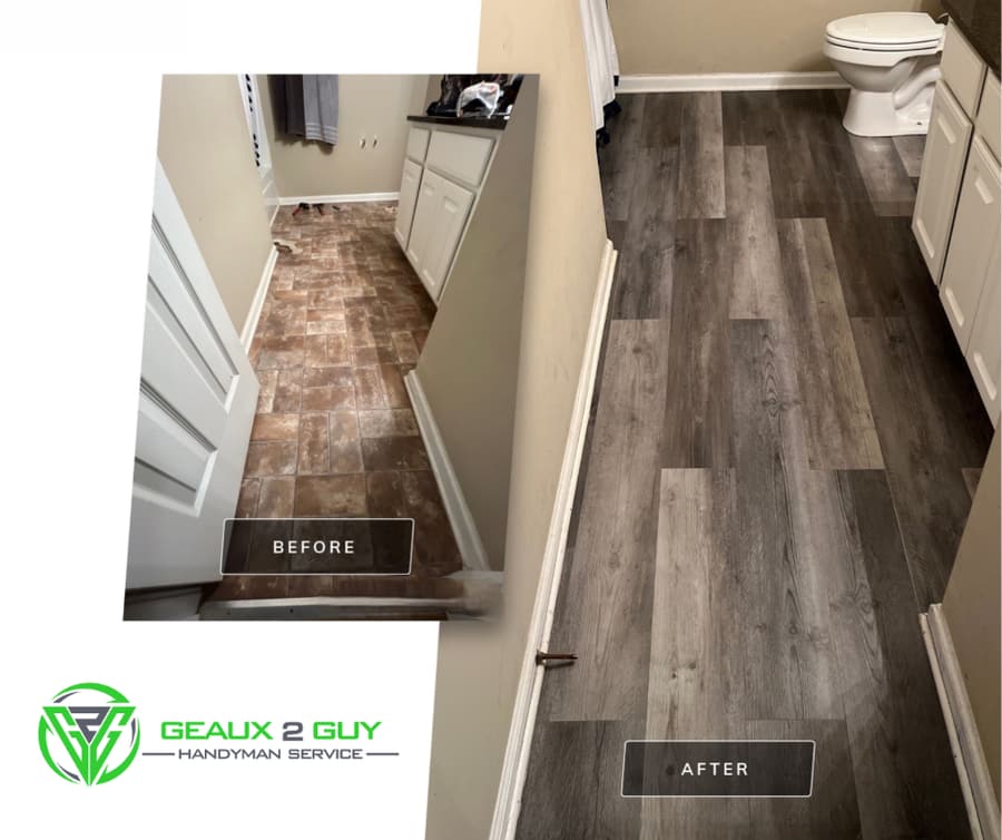 Before and after of flooring replaced with wood-look plank, carrying the Geaux 2 Guy Handyman Service logo