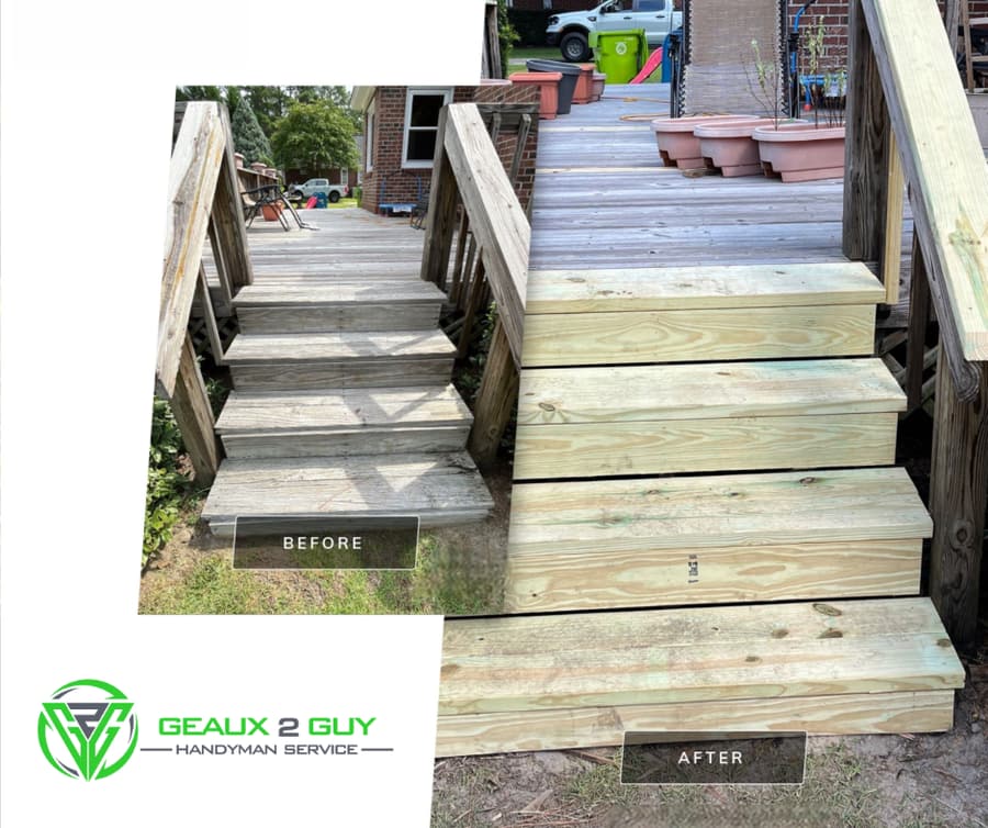 Before and after of deck steps rebuilt in new pressure-treated lumber, carrying the Geaux 2 Guy Handyman Service logo